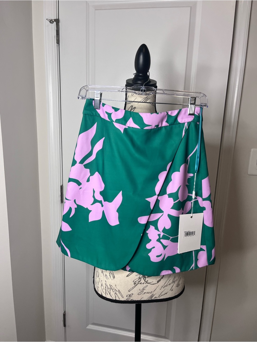 Mac Duggal Teal Green Mini Skirt with Pink Floral Overlay